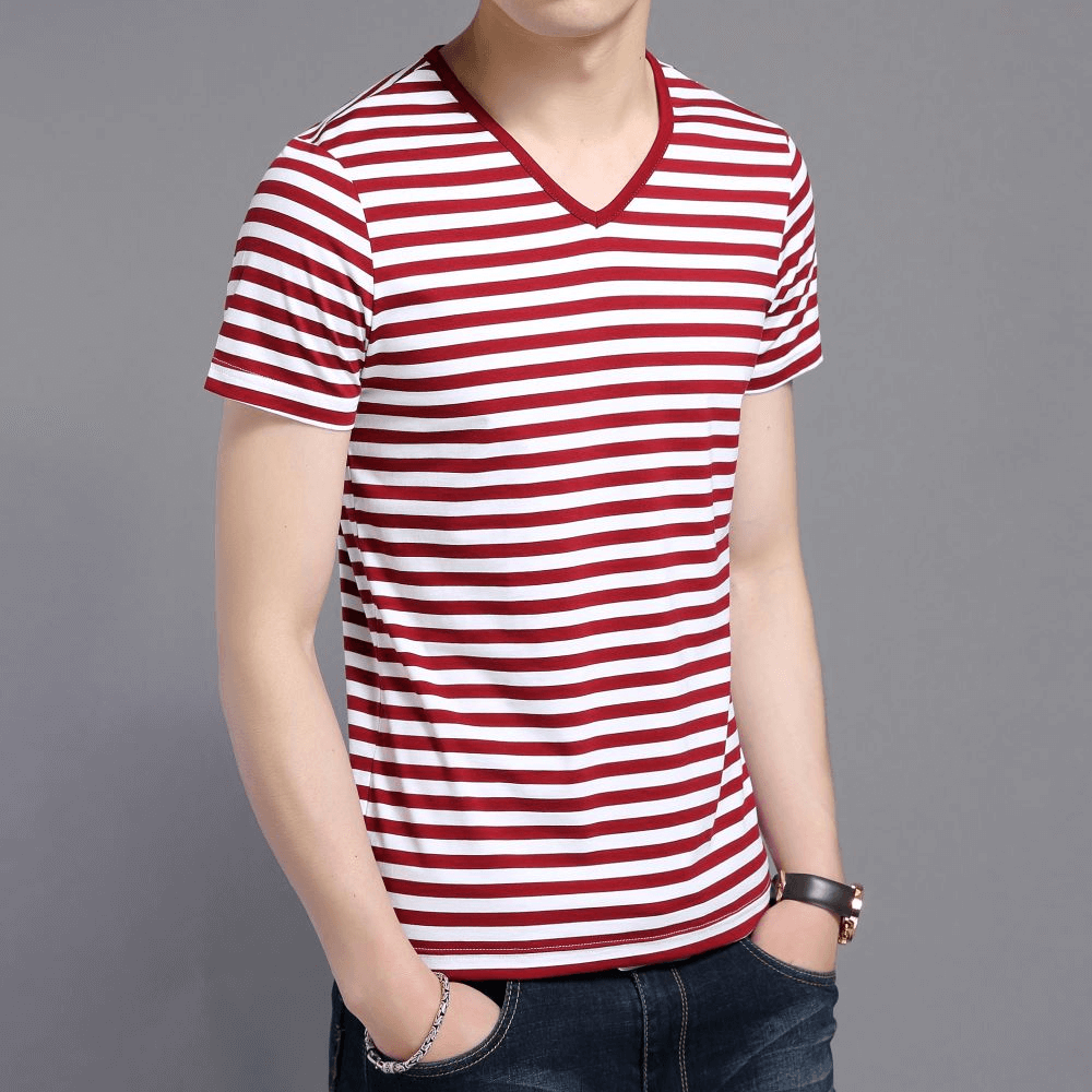Stylish V-Neck Striped Short Sleeves Tee for Men - SF1066, red and white stripes outfit, perfect for sports and casual wear